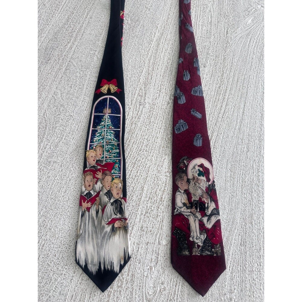 Lot of 2 vintage-style Christmas neckties featuring classic holiday artwork
